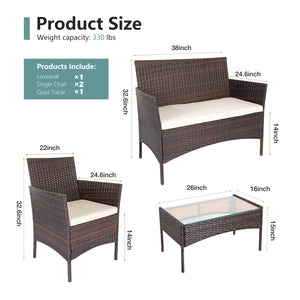 SHOUFTW Wicker Patio Furniture Set with Cushions & Glass Coffee Table, Outdoor Conversation Set for Backyard, Garden, Porch, Stylish & Comfortable