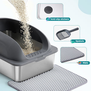 CONCETTA 24in Stainless Steel Cat Litter Box with Lid, Large Cat Litter Box for Cats, High Wall Sides, Anti-Urine Leakage, Easy Cleaning, Scoop and Mat Included