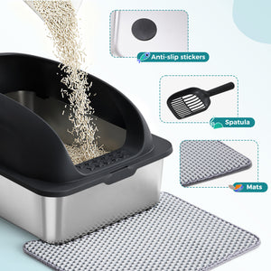 CONCETTA 24in Stainless Steel Cat Litter Box with Lid, Large Cat Litter Box for Cats, High Wall Sides, Anti-Urine Leakage, Easy Cleaning, Scoop and Mat Included