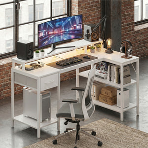CONCETTA 53 inch L-Shaped Gaming Desk, Reversible Design with LED Lighting, Power Outlets and Double-Tier Storage, White for Home Office