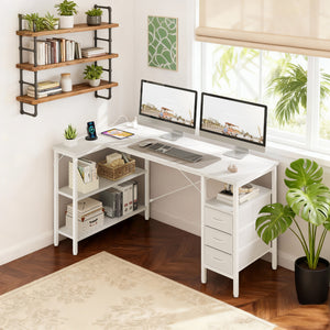 47"L Shaped Computer Desk with 3 Drawers, Power Outlets, USB Ports, and Monitor Stand, Corner Gaming Desk for Home Office