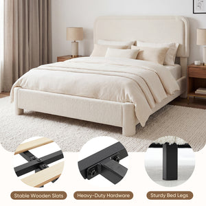 CONCETTA Bed Frame with Boucle Upholstery, Modern Platform Bed with Headboard, Soft Rounded Corners, No Box Spring Needed, Easy Assembly, White