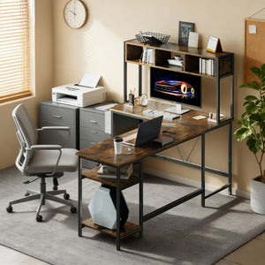 67" Reversible L-Shaped Desk with LED Lights, Power Outlets, Drawer, Keyboard Tray & Hutch