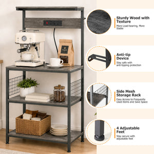SHOUFTW Kitchen Storage Rack with Power Outlet, 4-Tier Backer's Rack for Microwave Stand & Coffee Bar Storage