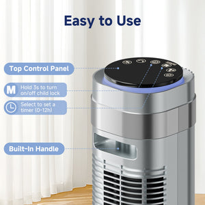 SHOUFTW Tower Fan Standing Bladeless, 23ft/s Velocity Quiet, 64° Oscillating with 5 Speeds, 4 Modes, 12H Timer for Indoor Bedroom