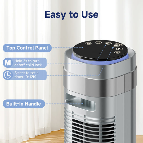 SHOUFTW Tower Fan Standing Bladeless, 23ft/s Velocity Quiet, 64° Oscillating with 5 Speeds, 4 Modes, 12H Timer for Indoor Bedroom