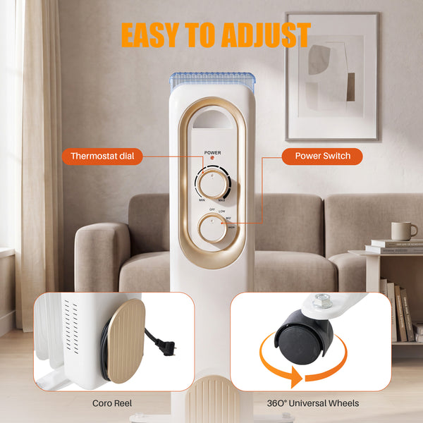SHOUFTW 1500W Portable Oil Filled Radiator Heater with Electric Adjustable Thermostat. Automatic Power-off and Tip-Over Protection, Quiet Heating for Home