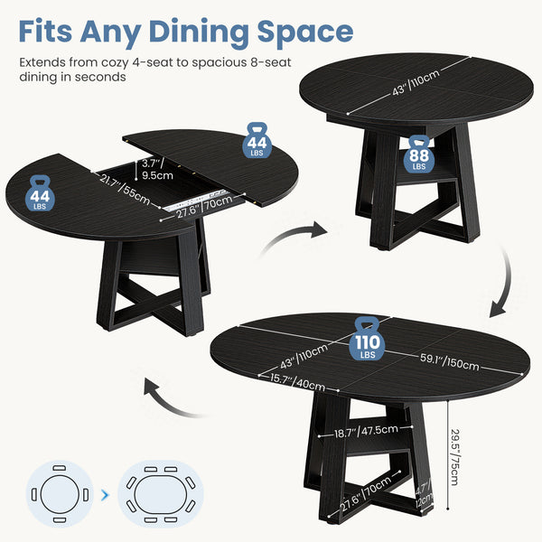CONCETTA Extendable Dining Table for 4-8, Space-Saving with Storage Shelf, Adjustable Oval Design for Kitchen and Living Room