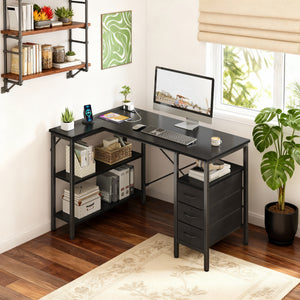 47"L Shaped Computer Desk with 3 Drawers, Power Outlets, USB Ports, and Monitor Stand, Corner Gaming Desk for Home Office
