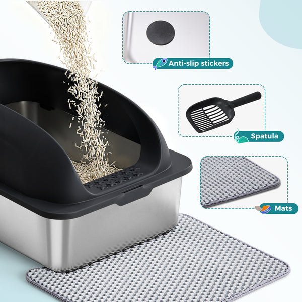 24in Stainless Steel Cat Litter Box with Lid, Large Cat Litter Box for Cats, High Wall Sides, Anti-Urine Leakage, Easy Cleaning, Scoop and Mat Included