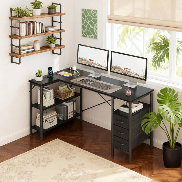 47"L Shaped Computer Desk with 3 Drawers, Power Outlets, USB Ports, and Monitor Stand, Corner Gaming Desk for Home Office