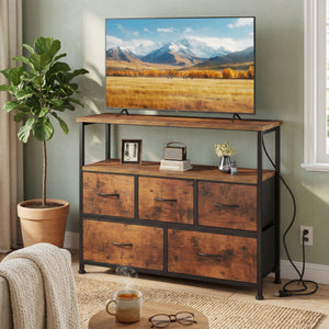 CONCETTA 39.3'' 5 Drawer Dresser with Charging Station, Fabric Storage Chest of Drawers for Bedroom, Living Room, Entryway