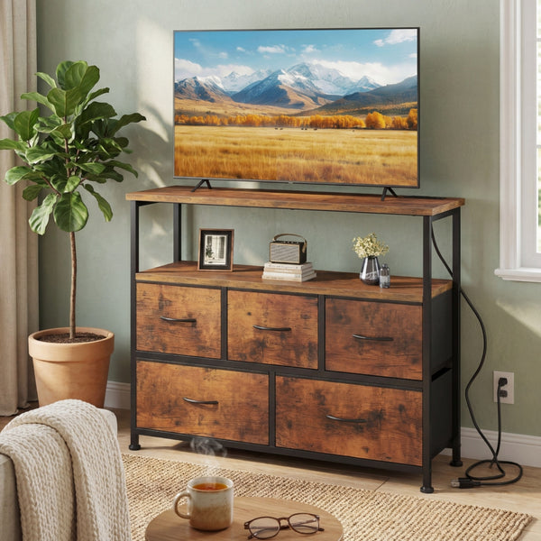 CONCETTA 39.3'' 5 Drawer Dresser with Charging Station, Fabric Storage Chest of Drawers for Bedroom, Living Room, Entryway
