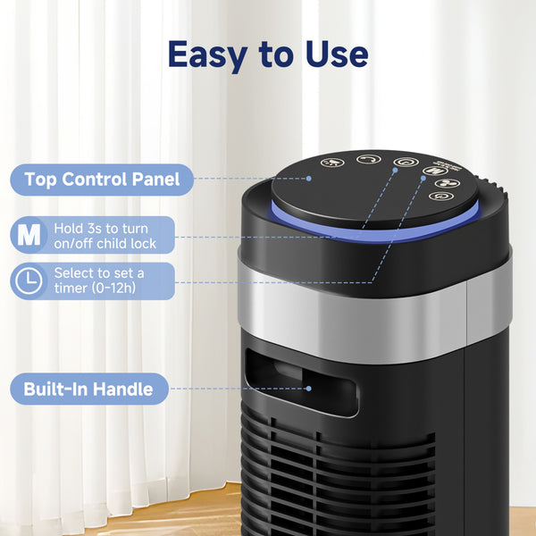 SHOUFTW Tower Fan Standing Bladeless, 23ft/s Velocity Quiet, 64° Oscillating with 5 Speeds, 4 Modes, 12H Timer for Indoor Bedroom