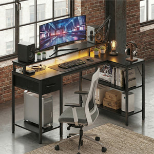 CONCETTA 47 inch L-Shaped Gaming Desk - Reversible with LED Lighting, Power Outlets & Double-Tier Storage, for Home Office