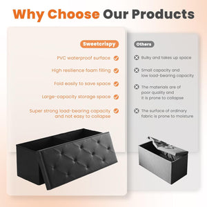 CONCETTA 43" Storage Ottoman – Foldable Faux Leather Stool with Storage, 660 lb Capacity, for Bedroom, Living Room, Entryway, Black