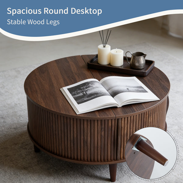 CONCETTA Round Flip-Top Coffee Table with Storage, Modern Farmhouse Style Center Table for Living Room, Natural Wood, Brown