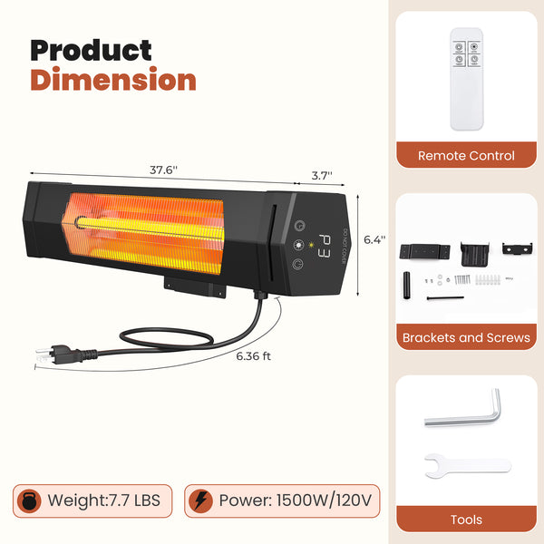 CONCETTA 5000 BTU Wall Mount Infrared Patio Heater, 1500W Outdoor Heater with Remote & 24H Timer, for Patio, Deck, Backyard & Garage,Black