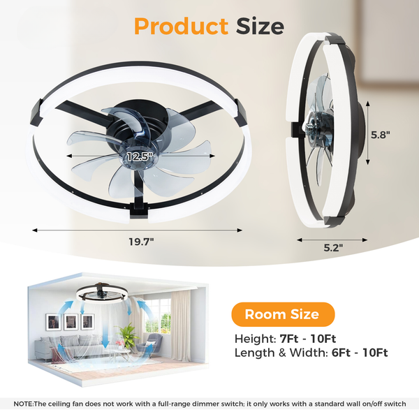 SHOUFTW Ceiling Fan, Caged Ceiling Fans with Lights, Farmhouse Low Profile Fandelier with Remote, Flush Mount for Bedroom, Living Room, Kitchen, 6 Wind Speeds