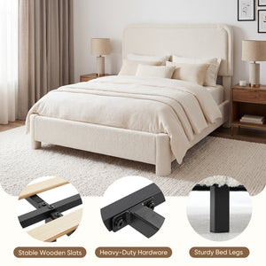 CONCETTA Bed Frame with Boucle Upholstery, Modern Platform Bed with Headboard, Soft Rounded Corners, No Box Spring Needed, Easy Assembly, White