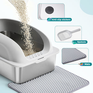 24in Stainless Steel Cat Litter Box with Lid, Large Cat Litter Box for Cats, High Wall Sides, Anti-Urine Leakage, Easy Cleaning, Scoop and Mat Included