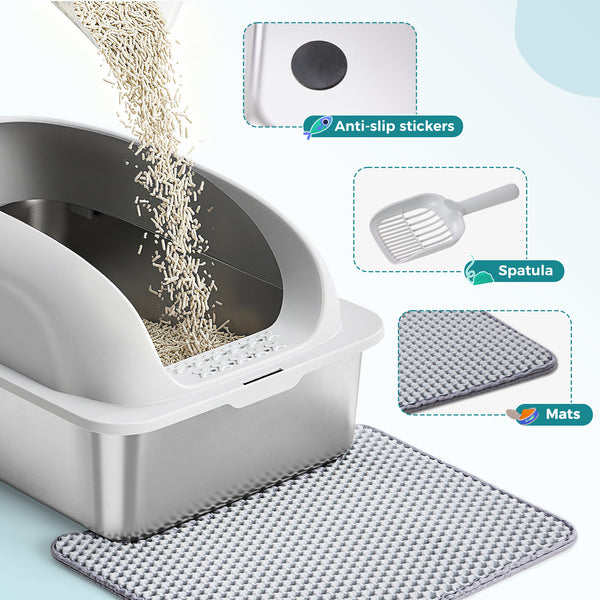 24in Stainless Steel Cat Litter Box with Lid, Large Cat Litter Box for Cats, High Wall Sides, Anti-Urine Leakage, Easy Cleaning, Scoop and Mat Included
