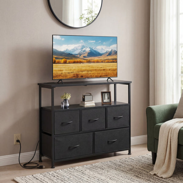 CONCETTA 39.3'' 5 Drawer Dresser with Charging Station, Fabric Storage Chest of Drawers for Bedroom, Living Room, Entryway