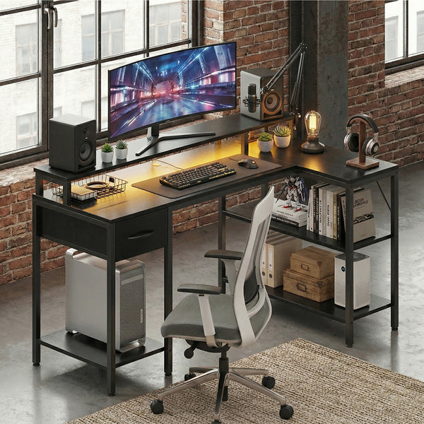 CONCETTA 53 inch L-Shaped Gaming Desk, Reversible Design with LED Lighting, Power Outlets and Double-Tier Storage, White for Home Office