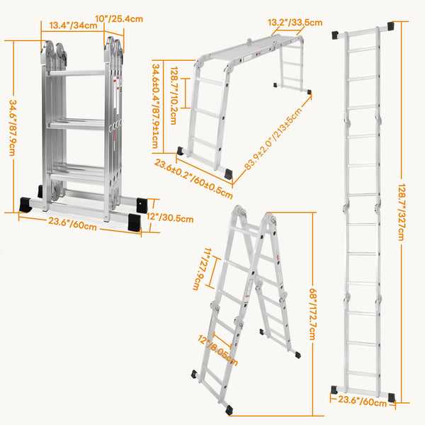 Multi-Functional Folding Telescopic Ladder - Made Of Aluminum Alloy, With Anti-Slip Design And Safety Lock System, Supports Up To 330 Lbs, Suitable For Home, Outdoor, Or Workshop,Silver