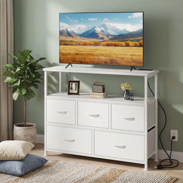 CONCETTA 39.3'' 5 Drawer Dresser with Charging Station, Fabric Storage Chest of Drawers for Bedroom, Living Room, Entryway