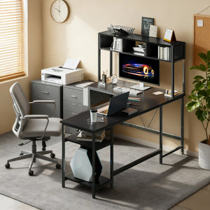 67" Reversible L-Shaped Desk with LED Lights, Power Outlets, Drawer, Keyboard Tray & Hutch