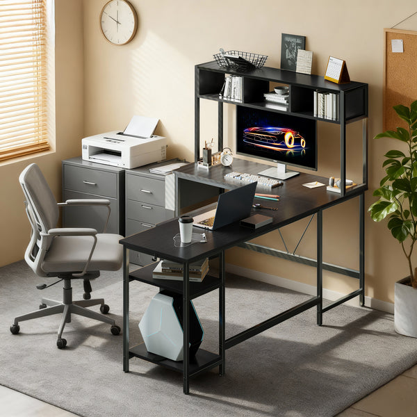 67" Reversible L-Shaped Desk with LED Lights, Power Outlets, Drawer, Keyboard Tray & Hutch