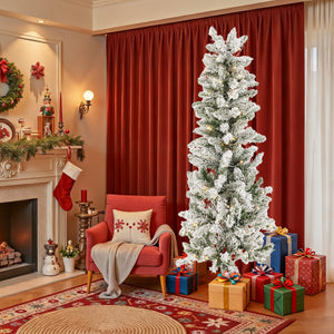 Artificial Full Christmas Tree, Flocked Snow Trees with Pine Cone Decoration, Includes Stand, Incandescent Lights & Foldable Base for Home, Office, Party
