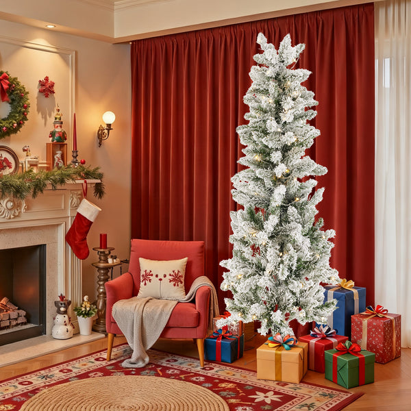 Artificial Full Christmas Tree, Flocked Snow Trees with Pine Cone Decoration, Includes Stand, Incandescent Lights & Foldable Base for Home, Office, Party