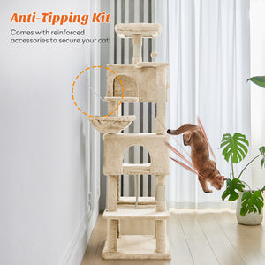 CONCETTA 66in Multi Level Cat Tree Tower,Cat Scratching Posts with Large Top Perch and Hammock, Beige