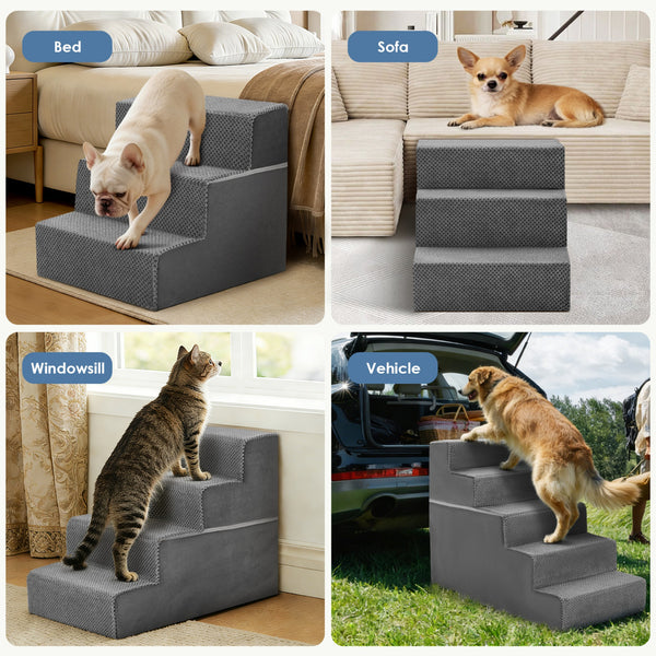 SHOUFTW Round Edge Pet Stairs Ramp, High-Density Foam Dog Cat Steps, Non-Slip Indoor Ladder for Couch, High Beds, Car, Gray