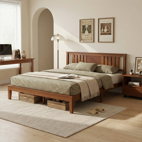CONCETTA Solid Wood Platform Bed with Headboard, No Box Spring Needed, Wood Slat Support, Dark Brown Finish for Modern Bedroom, Full Size