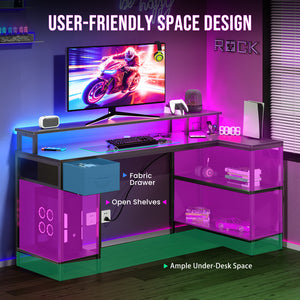 CONCETTA 53 inch L-Shaped Gaming Desk, Reversible Design with LED Lighting, Power Outlets and Double-Tier Storage, White for Home Office