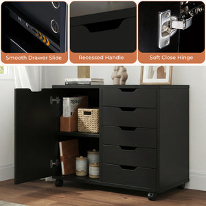 CONCETTA 5-Drawer Wood Storage Cabinet for Office & Home, Mobile Lateral Filing Cabinet, Printer Stand Cabinet with Adjustable Shelf, Wheels with Breaker