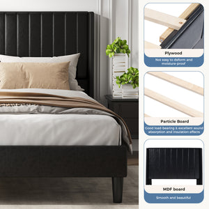CONCETTA Full Size Bed Frame with Wingback PU Upholstered Headboard and Wooden Slats Support, No Box Spring Needed, Easy Assembly, Black
