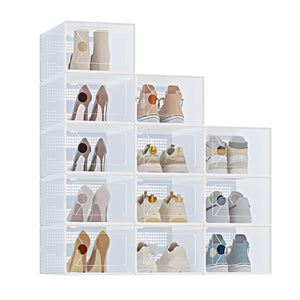 CONCETTA 12/15-Pack Shoe Box Organizer for up to US Size 9, Stackable Plastic Storage Rack for Closet Hallway Bedroom