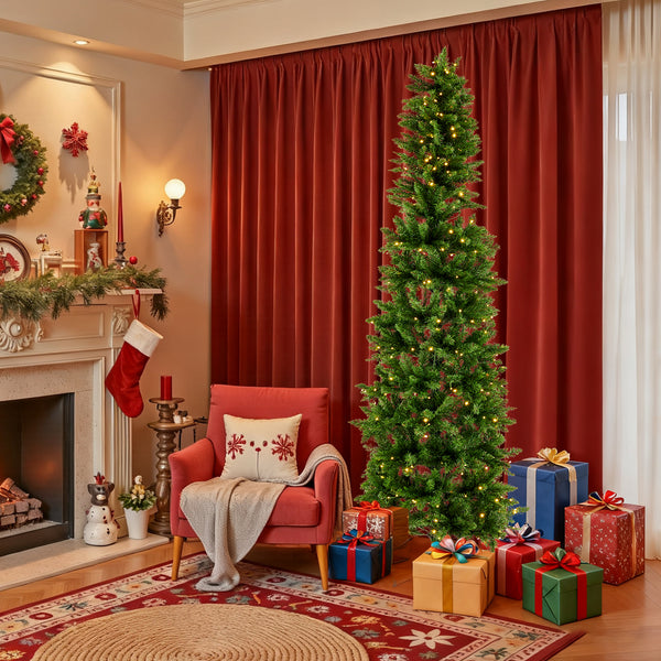 4.5/6/7.5/9ft Pre-lit Pencil Christmas Tree, Artificial Slim Christmas Tree with LED Lights and Solid Metal Stand,Green