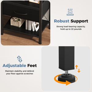 CONCETTA Small Night Stand with Charging Station, 1 Fabric Drawer, USB Ports and Outlets, Open Storage Shelf Bedside End Table for Bedroom, Black，Black Brown,Rustic Brown，White