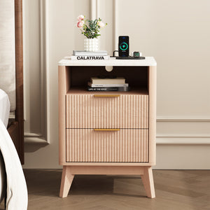 CONCETTA Fluted Nightstand with Charging Station, Faux Marble Top Bedside Table with 2 Drawers and Open Shelf for Bedroom, Living Room