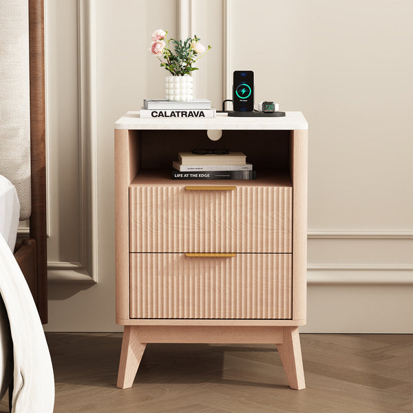 CONCETTA Fluted Nightstand with Charging Station, Faux Marble Top Bedside Table with 2 Drawers and Open Shelf for Bedroom, Living Room
