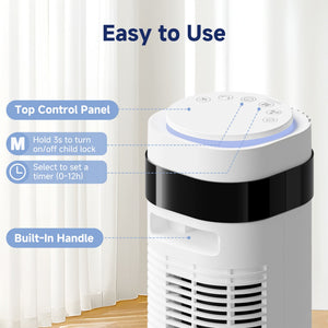 SHOUFTW Tower Fan Standing Bladeless, 23ft/s Velocity Quiet, 64° Oscillating with 5 Speeds, 4 Modes, 12H Timer for Indoor Bedroom