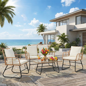 CONCETTA 3 Piece Outdoor Patio Furniture Set, Wicker Bistro Chairs with Glass Top Table for Apartment Balcony, Small Backyard, Porch and Deck
