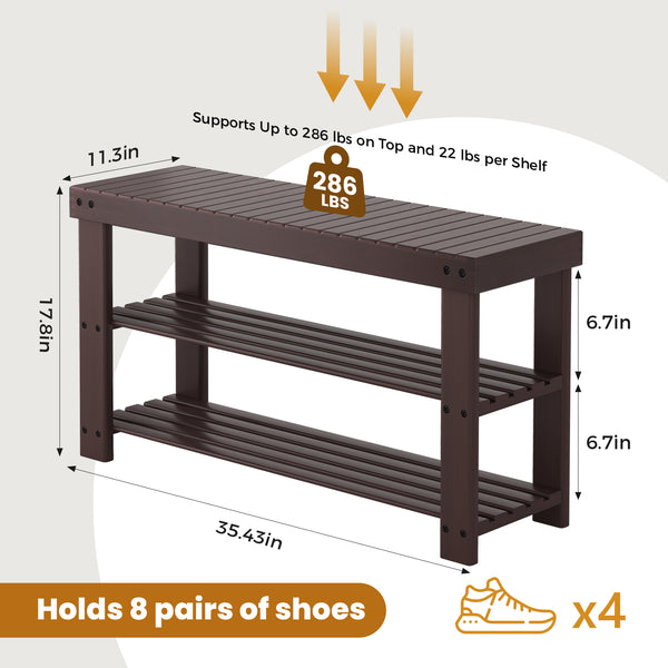 CONCETTA Bamboo Shoe Rack & Bench, 3-Tier 280 lb Capacity Storage Organizer for Entryway, Living Room, Balcony