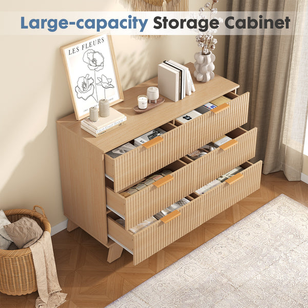 CONCETTA Modern Fluted Dresser for Bedroom, Wide Chest of Drawers with Metal Handles, Wood Storage Organizer for Living Room Bedroom Hallway, Natural Oak