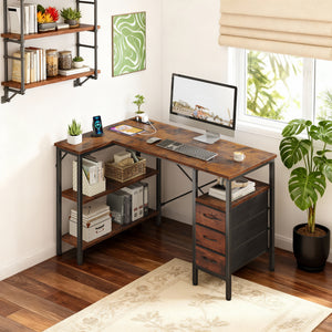 47"L Shaped Computer Desk with 3 Drawers, Power Outlets, USB Ports, and Monitor Stand, Corner Gaming Desk for Home Office